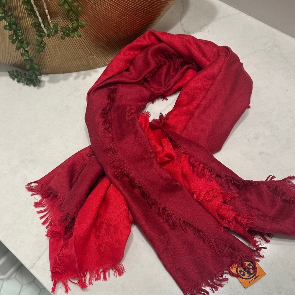Tory Burch Two-Tone Red Fringe Logo Scarf